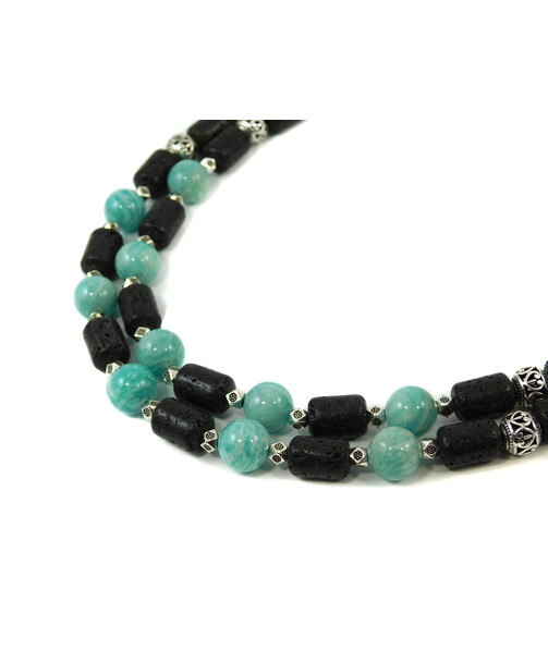 Exclusive necklace "Seaside" Lava barrel, Amazonite, 2-row