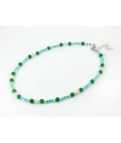 Exclusive necklace "Ilta" Chrysoprase, Adulyar facet, Mother-of-pearl rondel