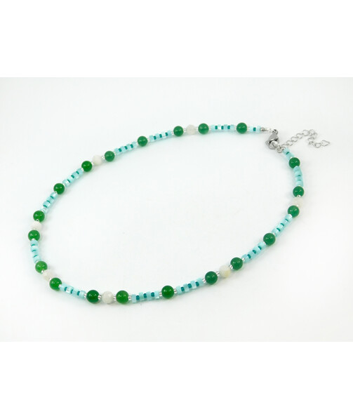 Exclusive necklace "Ilta" Chrysoprase, Adulyar facet, Mother-of-pearl rondel