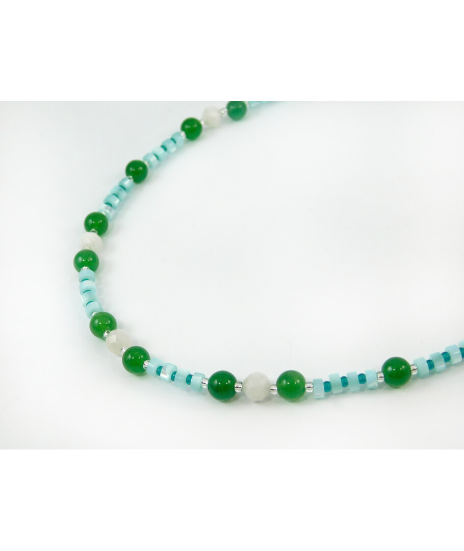 Exclusive necklace "Ilta" Chrysoprase, Adulyar facet, Mother-of-pearl rondel