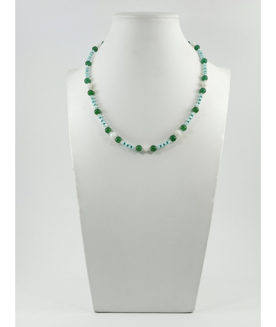 Exclusive necklace "Ilta" Chrysoprase, Adulyar facet, Mother-of-pearl rondel