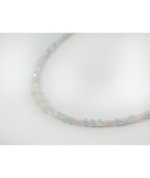 Exclusive necklace "Ilta" Adulyar facet, mother-of-pearl rondel gray, pink