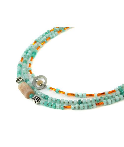 Exclusive necklace "Mena" Amazonite rondel, Solar log stone, 3 rows