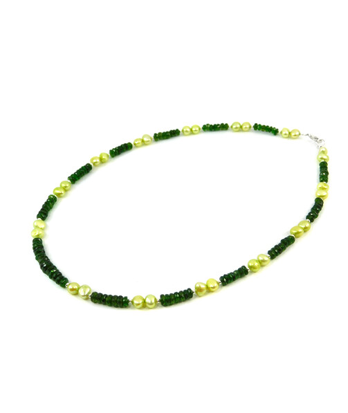 Exclusive necklace "Land of Oz" Multi-sapphire green, Rondel peach pearls, silver