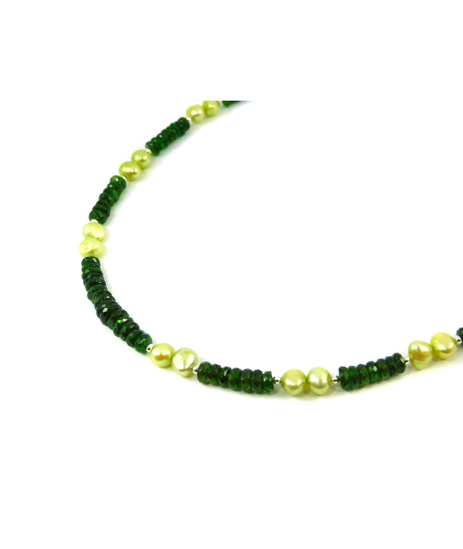 Exclusive necklace "Land of Oz" Multi-sapphire green, Rondel peach pearls, silver