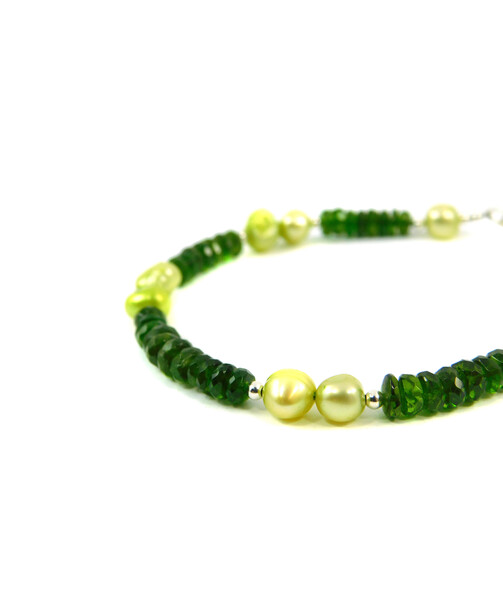 Exclusive bracelet "Land of Oz" Green multi-sapphire, Peach rondel pearls, silver