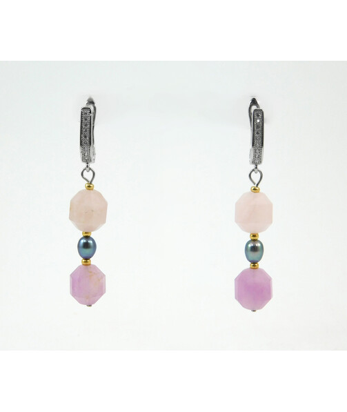 Exclusive earrings "Infinity" multi-faceted quartz, black rice pearls