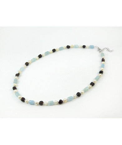 Exclusive necklace "Serpentine" Aquamarine barrel, Pearls, Garnet necklace