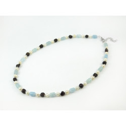 Exclusive necklace "Serpentine" Aquamarine barrel, Pearls, Garnet necklace