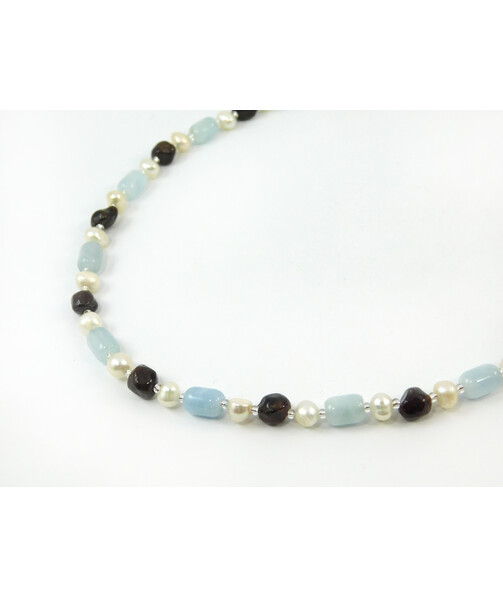 Exclusive necklace "Serpentine" Aquamarine barrel, Pearls, Garnet necklace