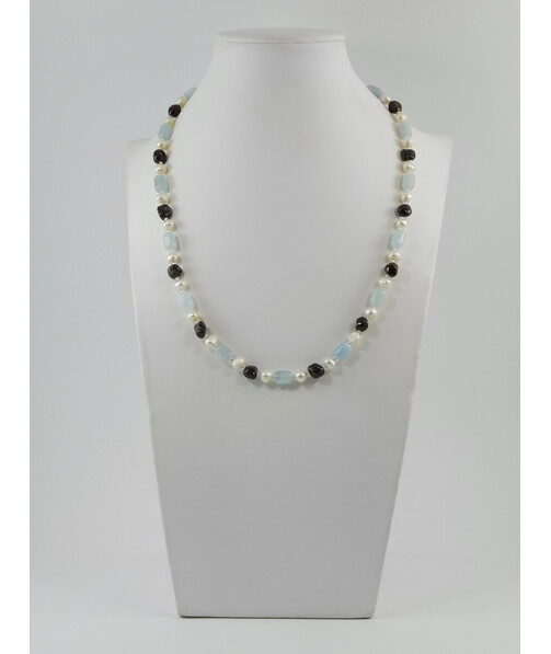 Exclusive necklace "Serpentine" Aquamarine barrel, Pearls, Garnet necklace