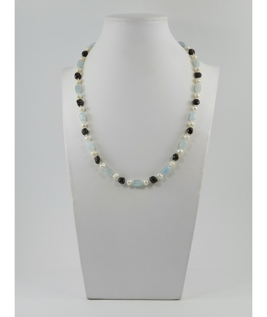 Exclusive necklace "Serpentine" Aquamarine barrel, Pearls, Garnet necklace