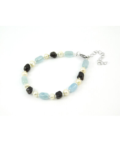 Exclusive bracelet "Serpentine" Aquamarine barrel, Pearls, Garnet tail