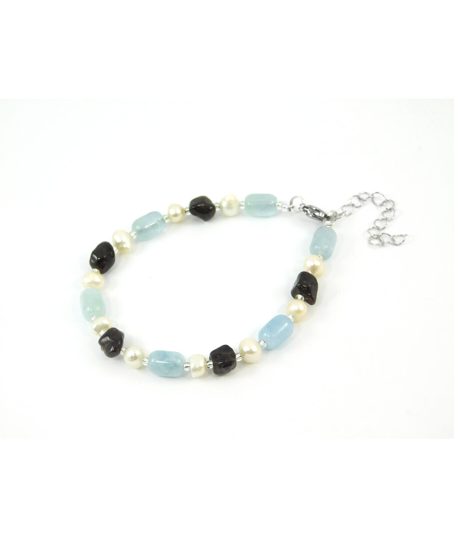 Exclusive bracelet "Serpentine" Aquamarine barrel, Pearls, Garnet tail