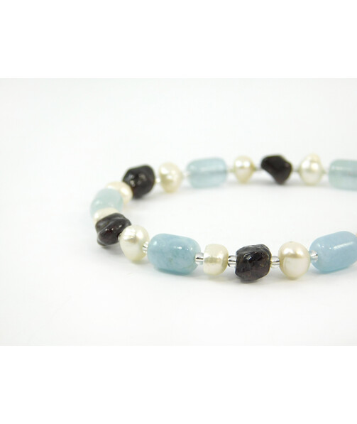 Exclusive bracelet "Serpentine" Aquamarine barrel, Pearls, Garnet tail