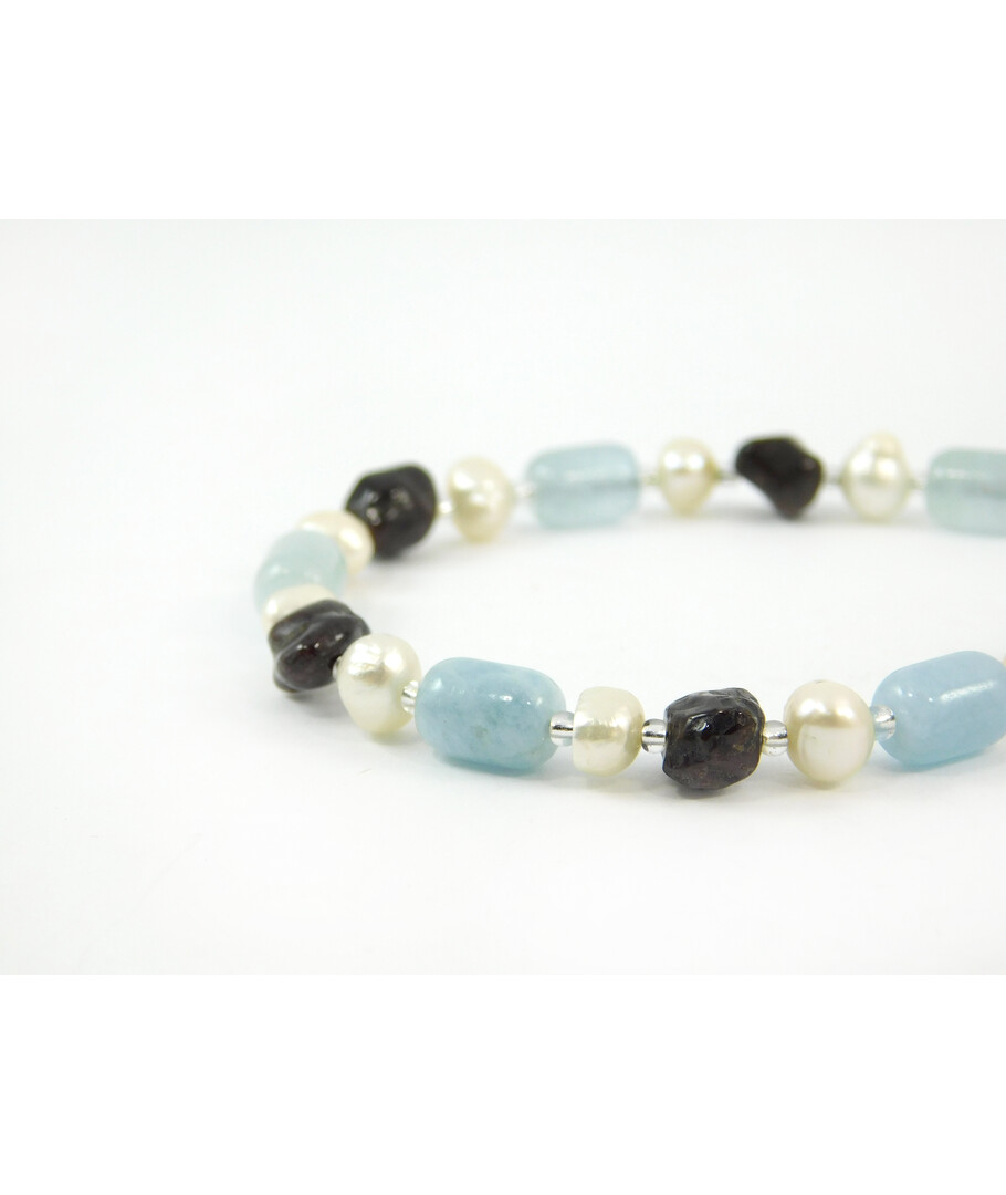 Exclusive bracelet "Serpentine" Aquamarine barrel, Pearls, Garnet tail