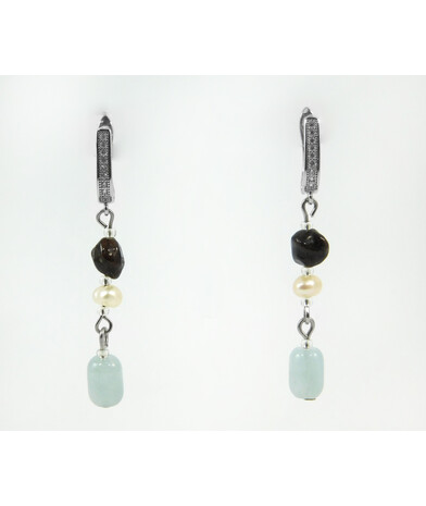 Exclusive earrings "Serpentine" Aquamarine barrel, Pearls, Pomegranate