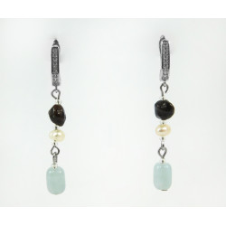 Exclusive earrings "Serpentine" Aquamarine barrel, Pearls, Pomegranate
