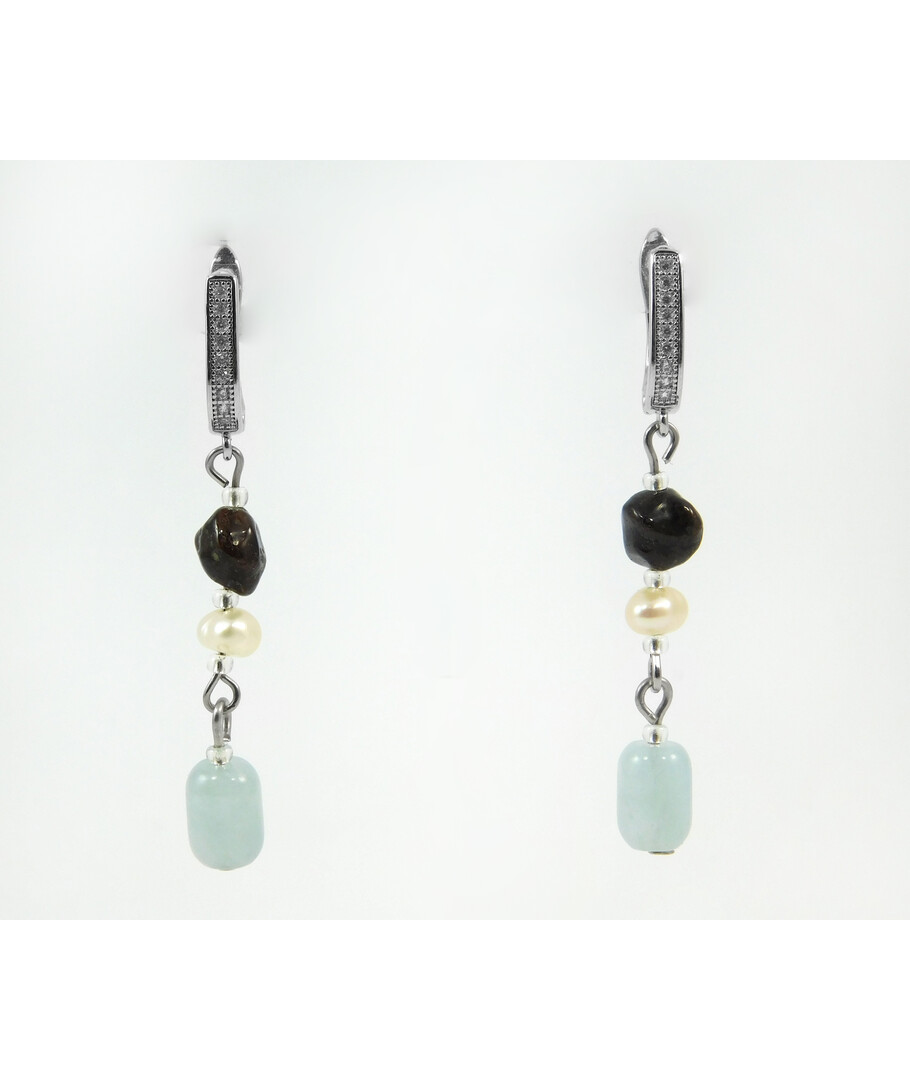 Exclusive earrings "Serpentine" Aquamarine barrel, Pearls, Pomegranate