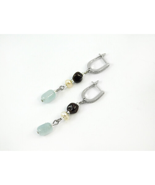 Exclusive earrings "Serpentine" Aquamarine barrel, Pearls, Pomegranate