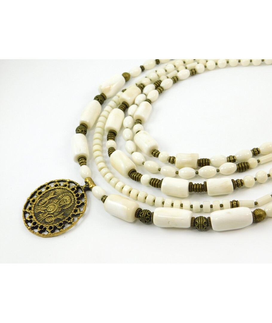 Exclusive necklace "Semyslava" White coral, tube, rondel, rice