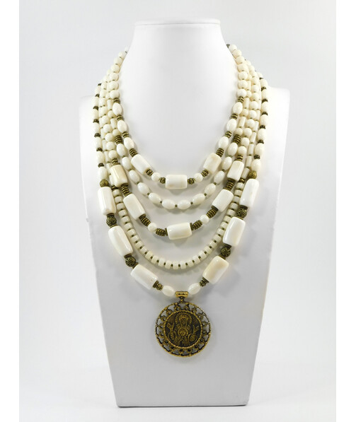 Exclusive necklace "Semyslava" White coral, tube, rondel, rice