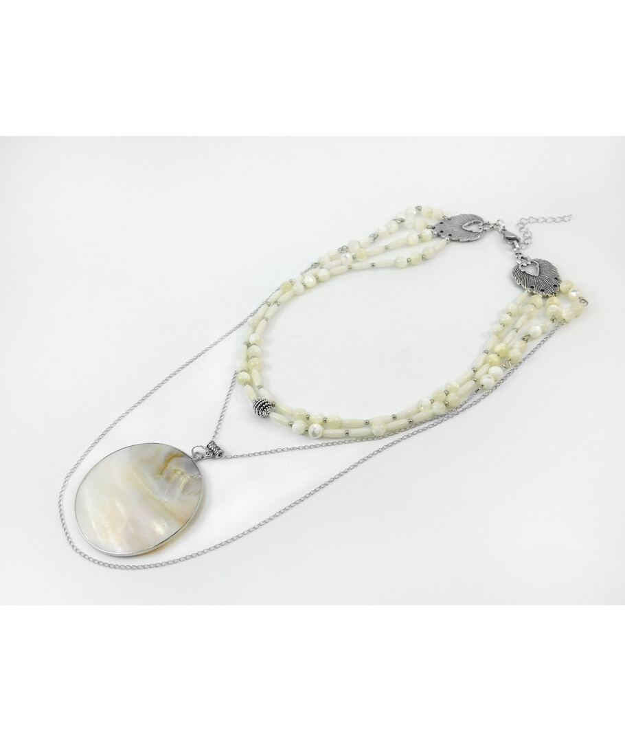 Exclusive necklace "Rain" Mother of pearl, pendant, Coral white rice, 4 rows