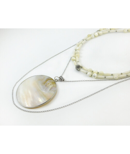 Exclusive necklace "Rain" Mother of pearl, pendant, Coral white rice, 4 rows