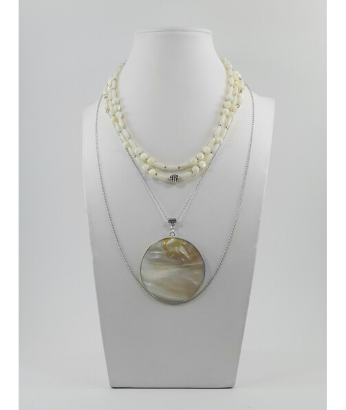 Exclusive necklace "Rain" Mother of pearl, pendant, Coral white rice, 4 rows