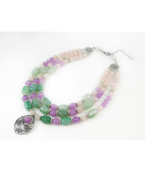 Exclusive necklace "Spring Iris" Quartz, Agate barrel, 3 rows