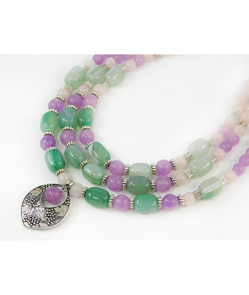 Exclusive necklace "Spring Iris" Quartz, Agate barrel, 3 rows