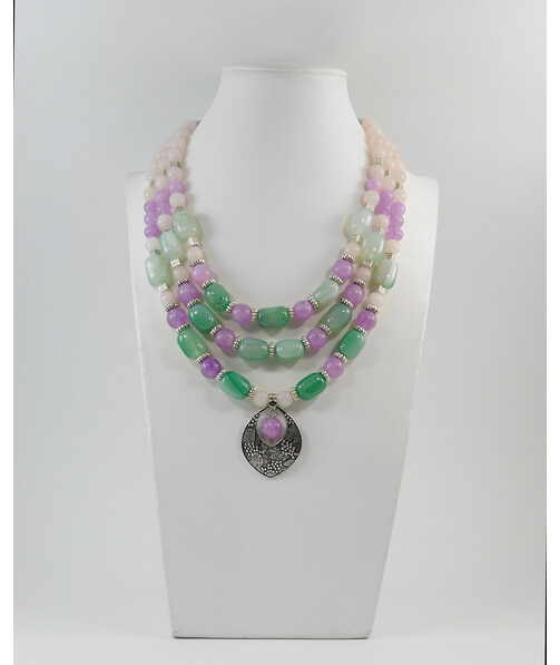 Exclusive necklace "Spring Iris" Quartz, Agate barrel, 3 rows