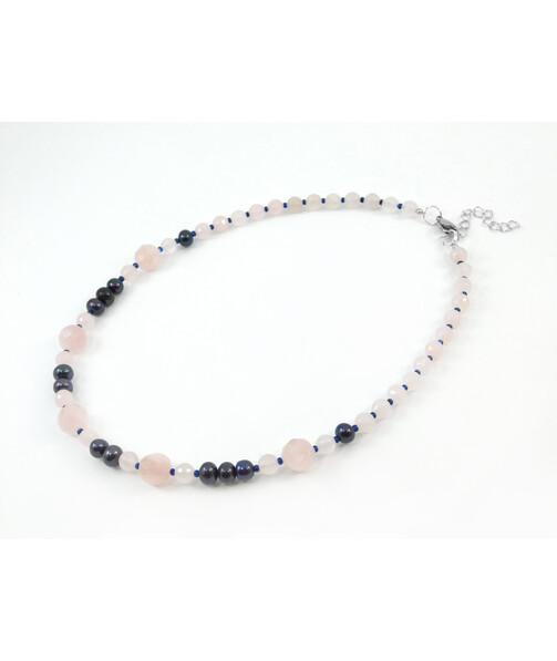 Exclusive necklace "Vita" Rose quartz facet, Black rondel pearls