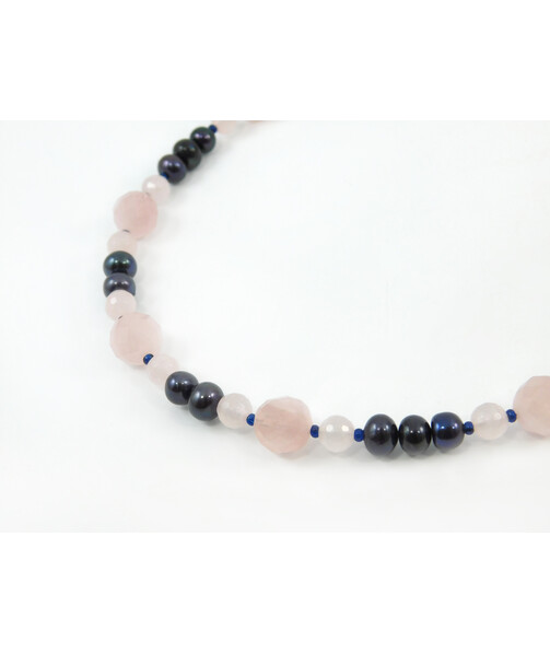 Exclusive necklace "Vita" Rose quartz facet, Black rondel pearls