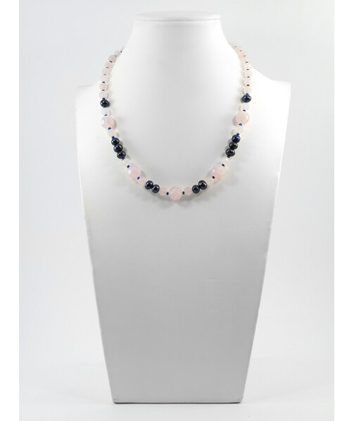 Exclusive necklace "Vita" Rose quartz facet, Black rondel pearls