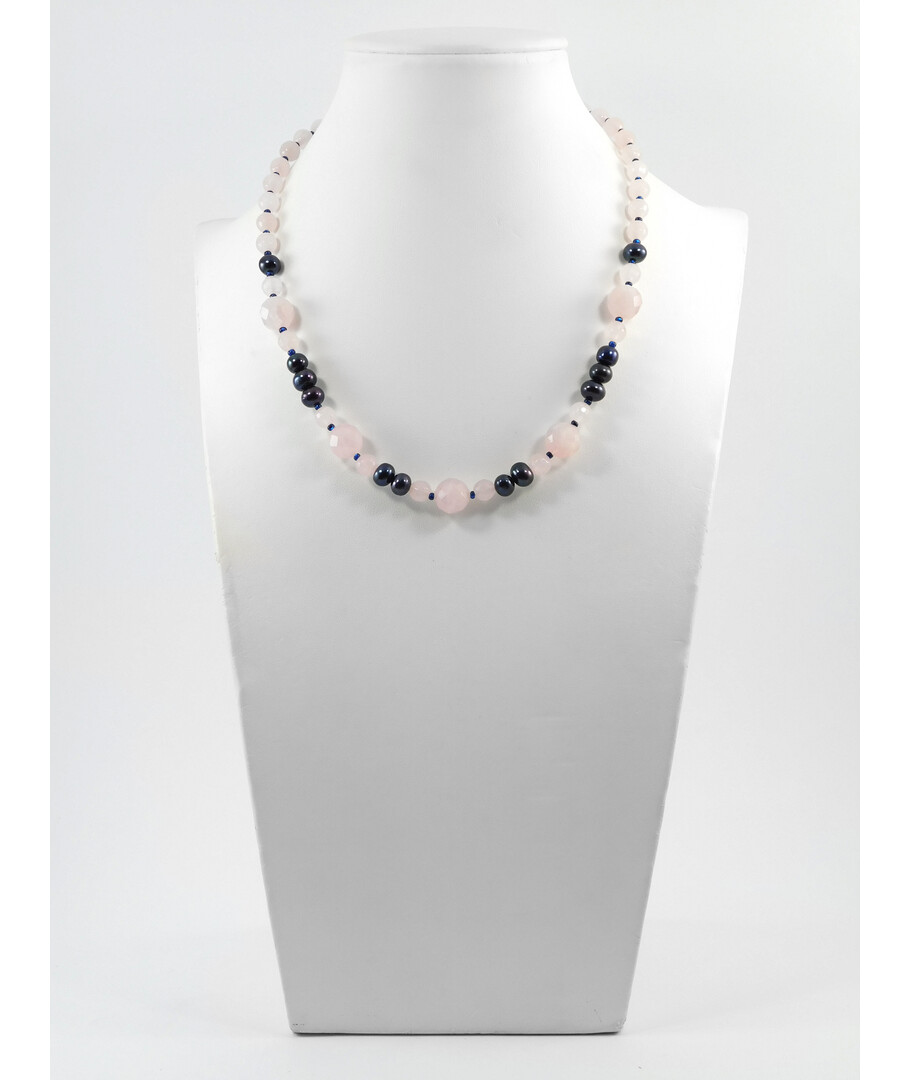 Exclusive necklace "Vita" Rose quartz facet, Black rondel pearls