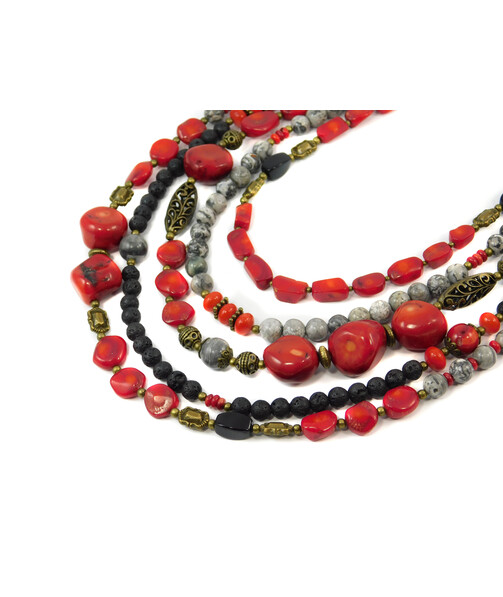 Exclusive necklace "Square" Coral, cut, round, lava, jasper