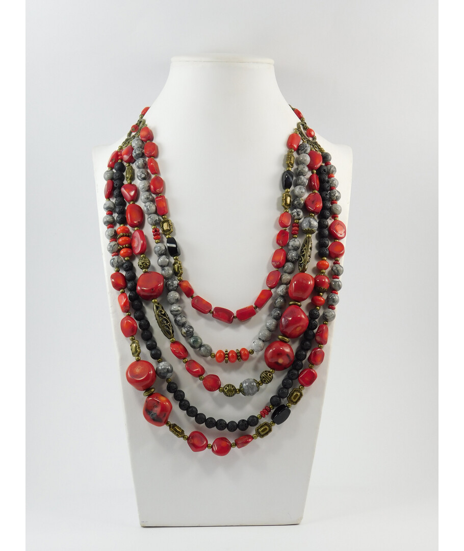 Exclusive necklace "Square" Coral, cut, round, lava, jasper