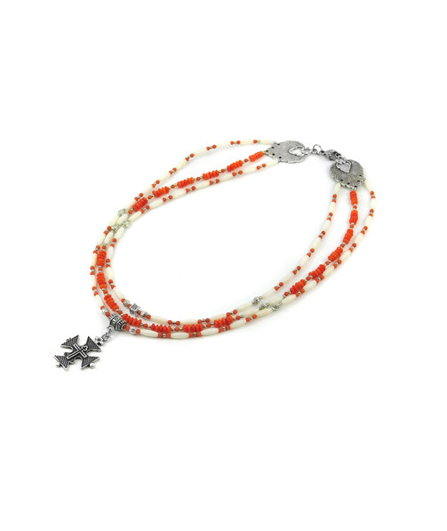 Exclusive necklace "Kindness" Coral orange, rondel, rice, 3 rows