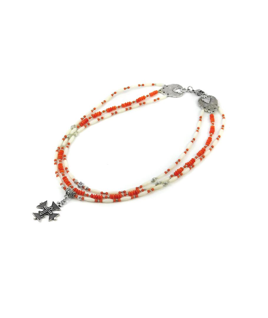 Exclusive necklace "Kindness" Coral orange, rondel, rice, 3 rows