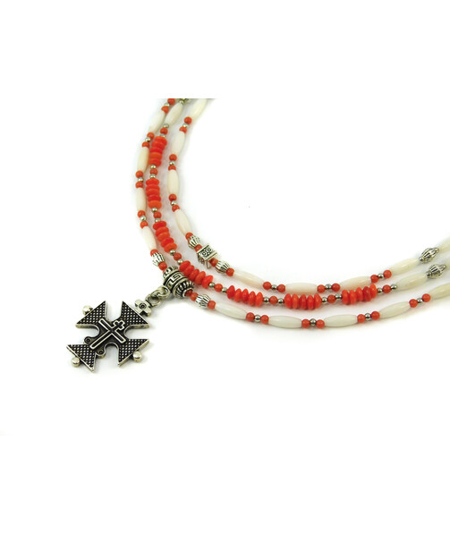 Exclusive necklace "Kindness" Coral orange, rondel, rice, 3 rows