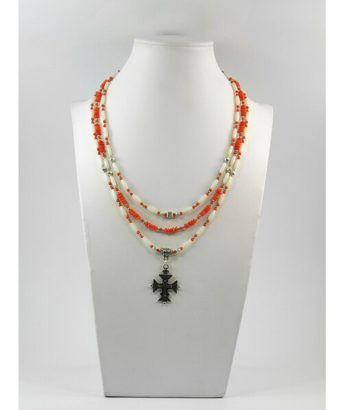 Exclusive necklace "Kindness" Coral orange, rondel, rice, 3 rows