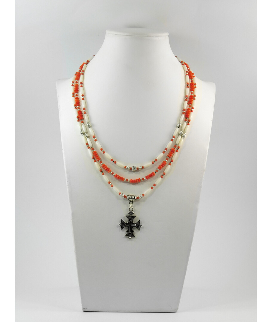 Exclusive necklace "Kindness" Coral orange, rondel, rice, 3 rows