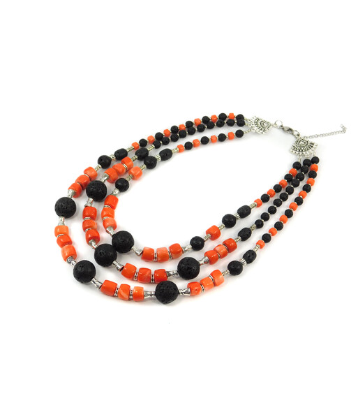 Exclusive necklace "Pumpkin Brownie" lava, barrel, coral puck, 3-row