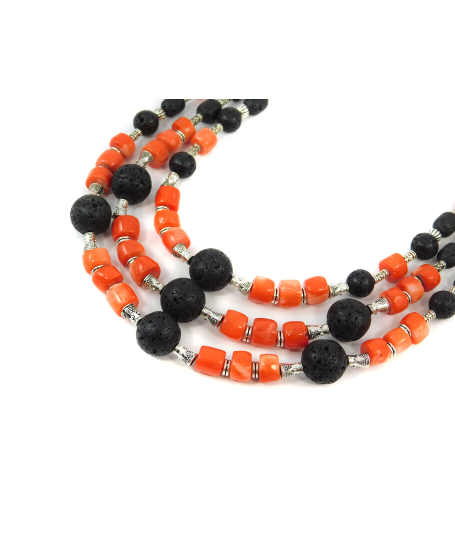 Exclusive necklace "Pumpkin Brownie" lava, barrel, coral puck, 3-row