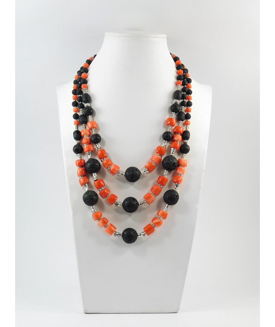 Exclusive necklace "Pumpkin Brownie" lava, barrel, coral puck, 3-row