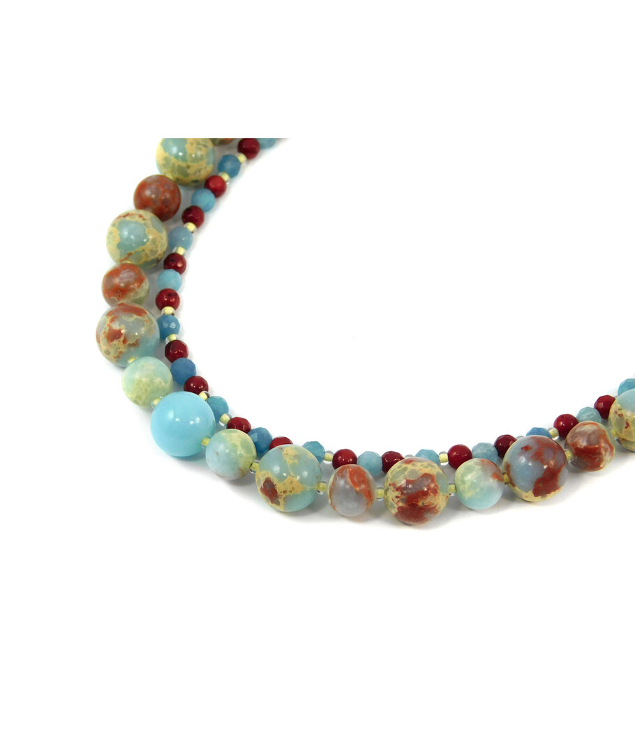 Exclusive necklace "Exciting" Variscite, Aquamarine facet, Coral facet, 2 rows