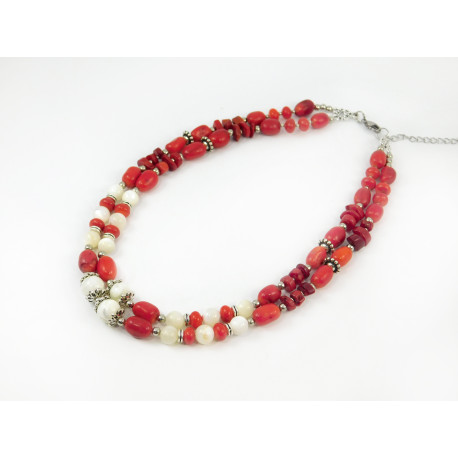 Exclusive necklace "Ingred" Mother of pearl, Coral rice, rondel, crumb, 2 rows