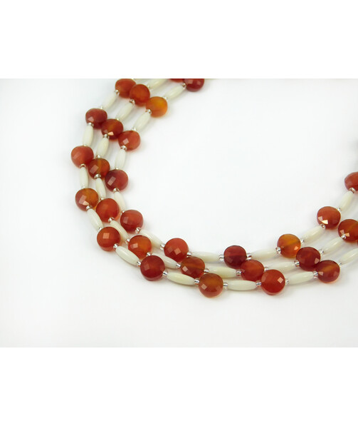 Exclusive necklace "Autumn snow" Carnelian plate. face, Coral rice, 3-rows