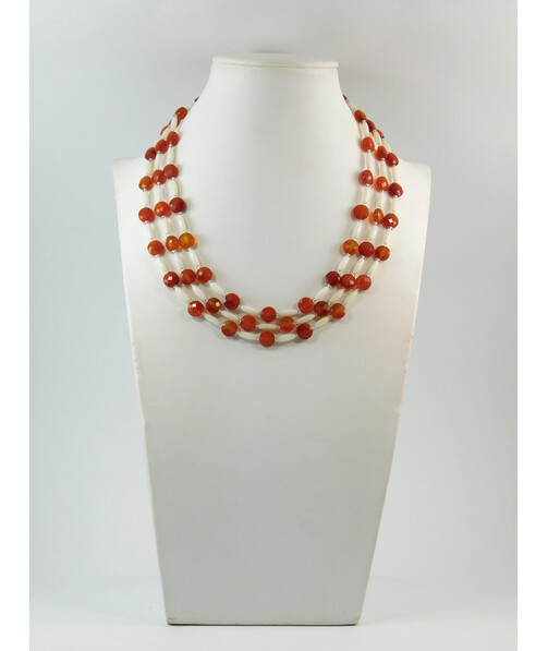 Exclusive necklace "Autumn snow" Carnelian plate. face, Coral rice, 3-rows